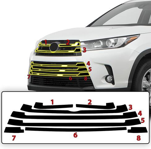 تصميمات BOGAR TECH لسيارة Toyota Highlander 2016-2019 حذف الكروم الأمامي - مجموعة تراكب الفينيل المقطوعة مسبقًا، زخرفة تعتيم سوداء لامعة in Kuwait