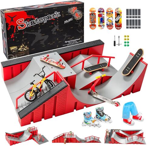 Fingerboard Skate Park Kit — 18 in 1 Finger Skateboard Toys with 13 Ramps 3 Mini Fingerboards Skateshoes & Mini Bikes, Extra Large Ultimate Training Props Interactive Game for Adults Kids 6+ in Saudi Arabia