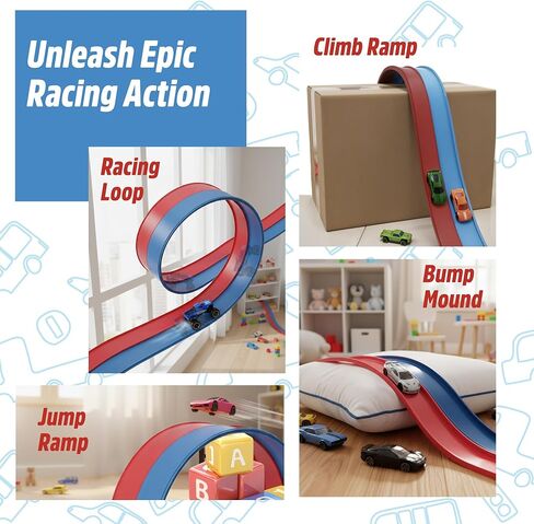 Flexible Race Track for Kids - 15 Ft Starter Set Flex Car Toy Slot Tracks with Suction Cup - Roll Up Racetrack Compatible with Hot Wheels 1/64th Cars - Portable DIY Racing Ramps for Ages 3 up in Saudi Arabia