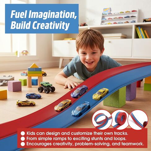 Flexible Race Track for Kids - 15 Ft Starter Set Flex Car Toy Slot Tracks with Suction Cup - Roll Up Racetrack Compatible with Hot Wheels 1/64th Cars - Portable DIY Racing Ramps for Ages 3 up in Saudi Arabia