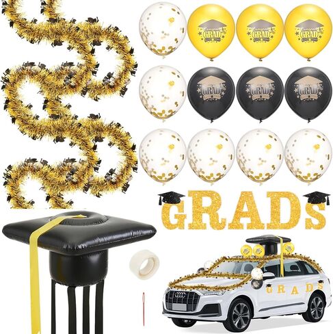 2026 Graduation Cap Car Decoration Kit - Large Inflatable Graduation Cap, Car Garlands, Balloons, 'GRAD' Banner, Streamers & Adhesive Dots for High School, College Party, Parade in Saudi Arabia