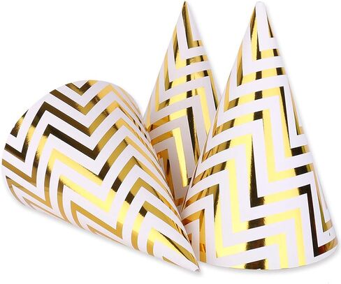 Boieo 10 Pack Gold Party Hats for Adults and Kids, Birthday Party Hats Bulk with Adjustable Elastic String, DIY Paper Cones 7.9 Inch, Metallic Foil Wave Pattern for Men Women Pets New Years Eve Props in Saudi Arabia