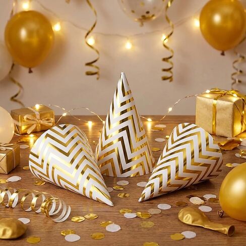 Boieo 10 Pack Gold Party Hats for Adults and Kids, Birthday Party Hats Bulk with Adjustable Elastic String, DIY Paper Cones 7.9 Inch, Metallic Foil Wave Pattern for Men Women Pets New Years Eve Props in Saudi Arabia