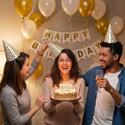 Boieo 10 Pack Gold Party Hats for Adults and Kids, Birthday Party Hats Bulk with Adjustable Elastic String, DIY Paper Cones 7.9 Inch, Metallic Foil Wave Pattern for Men Women Pets New Years Eve Props in Saudi Arabia