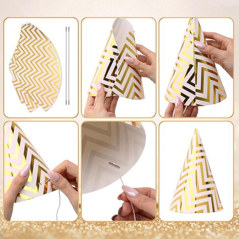 Boieo 10 Pack Gold Party Hats for Adults and Kids, Birthday Party Hats Bulk with Adjustable Elastic String, DIY Paper Cones 7.9 Inch, Metallic Foil Wave Pattern for Men Women Pets New Years Eve Props in Saudi Arabia