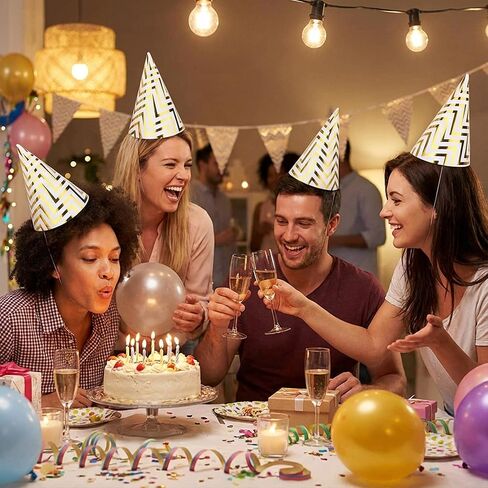 Boieo 10 Pack Gold Party Hats for Adults and Kids, Birthday Party Hats Bulk with Adjustable Elastic String, DIY Paper Cones 7.9 Inch, Metallic Foil Wave Pattern for Men Women Pets New Years Eve Props in Saudi Arabia