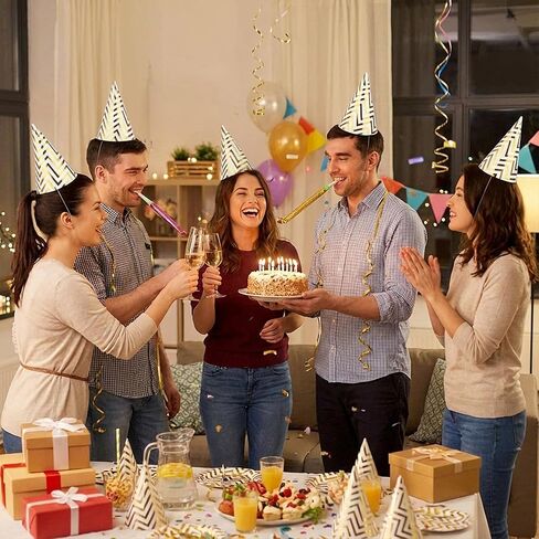 Boieo 10 Pack Gold Party Hats for Adults and Kids, Birthday Party Hats Bulk with Adjustable Elastic String, DIY Paper Cones 7.9 Inch, Metallic Foil Wave Pattern for Men Women Pets New Years Eve Props in Saudi Arabia
