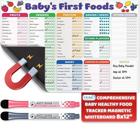 Baby First Food Tracker - 12x8" - Magnetic Chart White Board Foods Checklist for Fridge - Solid Food Tracking Essential - Refrigerator Dry Erase Sheet with Markers - Allergies Log - by Yes4Quality in Saudi Arabia