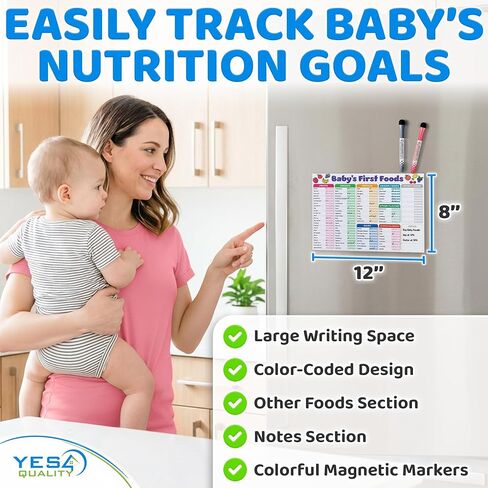 Baby First Food Tracker - 12x8" - Magnetic Chart White Board Foods Checklist for Fridge - Solid Food Tracking Essential - Refrigerator Dry Erase Sheet with Markers - Allergies Log - by Yes4Quality in Saudi Arabia