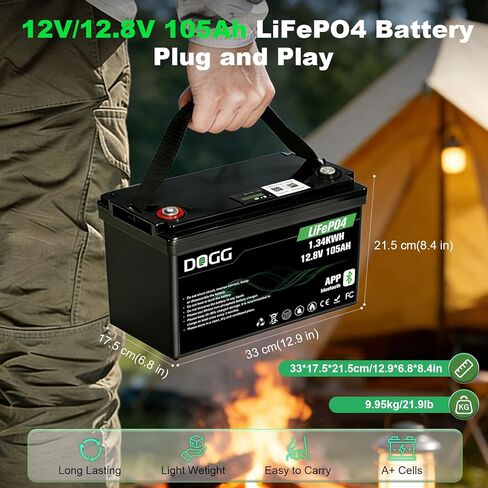 12 Volt Lithium Battery 12V 105Ah LiFePO₄ Battery with 15A Charger Bluetooth Built-in 100A Smart BMS Low-Temp Protection Grade A Lithium Cells for RV Trolling Motor Marine Backup Power Supply in Kuwait