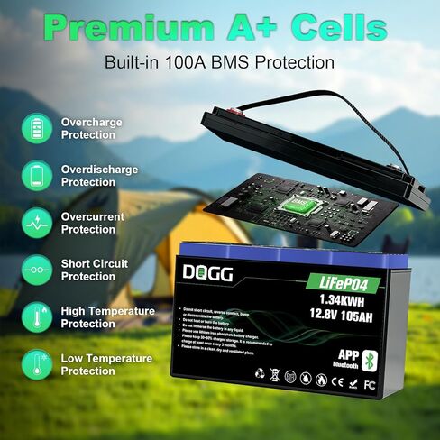 12 Volt Lithium Battery 12V 105Ah LiFePO₄ Battery with 15A Charger Bluetooth Built-in 100A Smart BMS Low-Temp Protection Grade A Lithium Cells for RV Trolling Motor Marine Backup Power Supply in Kuwait