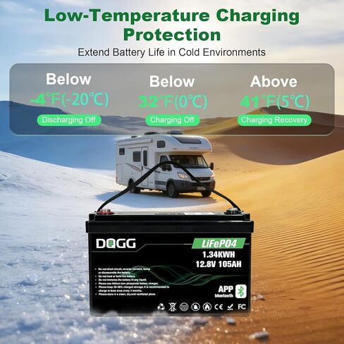 12 Volt Lithium Battery 12V 105Ah LiFePO₄ Battery with 15A Charger Bluetooth Built-in 100A Smart BMS Low-Temp Protection Grade A Lithium Cells for RV Trolling Motor Marine Backup Power Supply in Kuwait