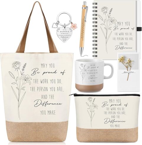7 قطع من هدايا تقدير الموظفين من سوكلين، دفتر ملاحظات حلزوني، كوب قهوة، حقيبة قماش، حقيبة مكياج، قلم حبر جاف، بطاقة سلسلة مفاتيح ملهمة، هدية شكر للنساء وزملاء العمل في المعلم in Kuwait