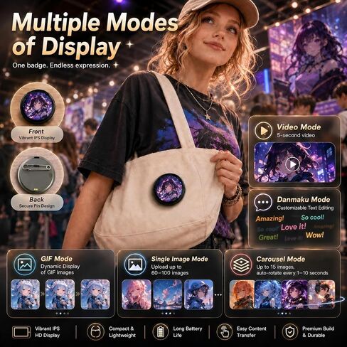 Digital Badge Anime Pins, Customizable Digital Pin Displays Audio Video & GIFs, Wearable Electronic Badge for World Cup, Anime Con, Concert, Party, Bussiness, Ebadge for Ita Bag, Backpack in Kuwait