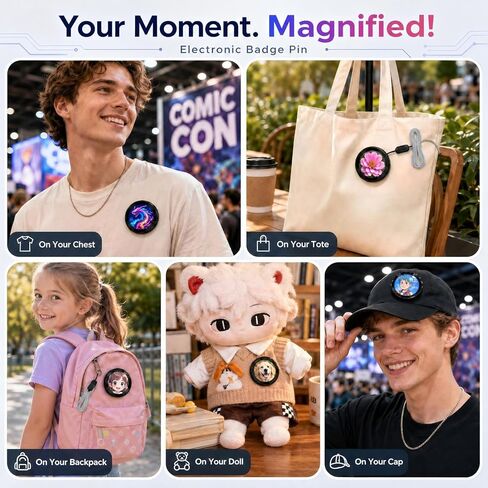 Digital Badge Anime Pins, Customizable Digital Pin Displays Audio Video & GIFs, Wearable Electronic Badge for World Cup, Anime Con, Concert, Party, Bussiness, Ebadge for Ita Bag, Backpack in Kuwait