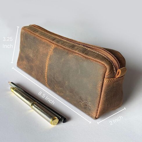 RUSTIC TOWN Leather Pencil Case for Men & Women – Full Grain Leather Pen Pouch with Zipper, Handcrafted Pencil Pouch Organizer for Office, School & Travel in Kuwait