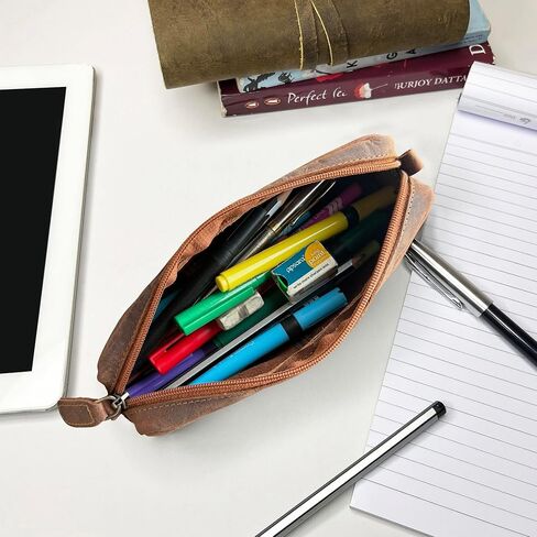 RUSTIC TOWN Leather Pencil Case for Men & Women – Full Grain Leather Pen Pouch with Zipper, Handcrafted Pencil Pouch Organizer for Office, School & Travel in Kuwait