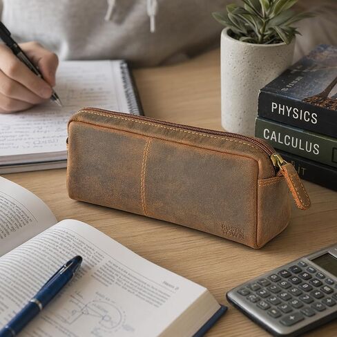 RUSTIC TOWN Leather Pencil Case for Men & Women – Full Grain Leather Pen Pouch with Zipper, Handcrafted Pencil Pouch Organizer for Office, School & Travel in Kuwait