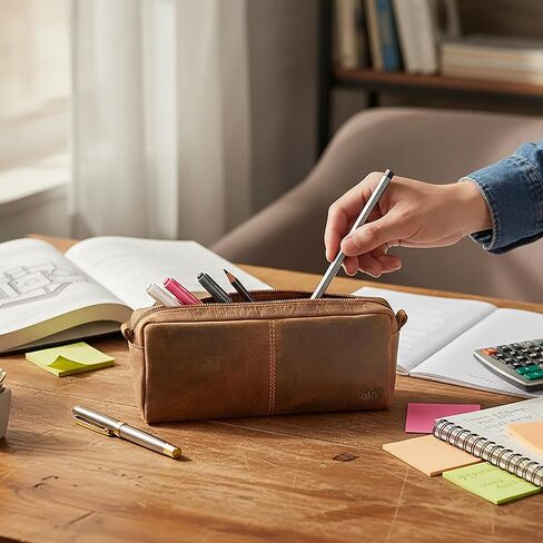RUSTIC TOWN Leather Pencil Case for Men & Women – Full Grain Leather Pen Pouch with Zipper, Handcrafted Pencil Pouch Organizer for Office, School & Travel in Kuwait