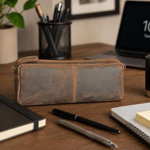 RUSTIC TOWN Leather Pencil Case for Men & Women – Full Grain Leather Pen Pouch with Zipper, Handcrafted Pencil Pouch Organizer for Office, School & Travel in Kuwait