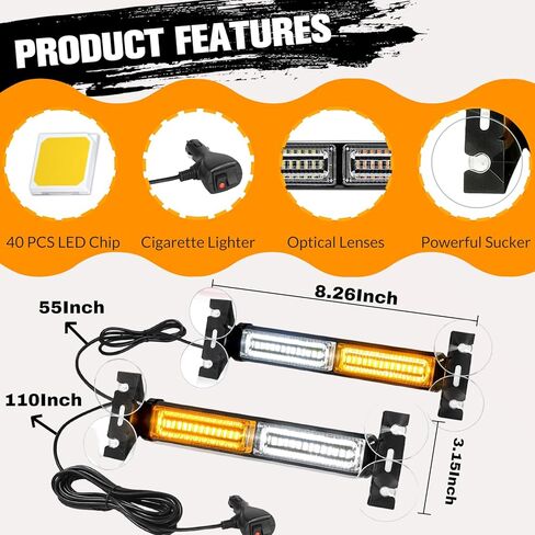 DIBMS 40 LED Stroboscopic Indicator Light Bar, Front Rear Windshield Visor Lights, Dash Safety Warning for Construction Tow Plow Trucks Car Accessories Emergency Rooftop Strobe LightBar (Amber/White) in Saudi Arabia