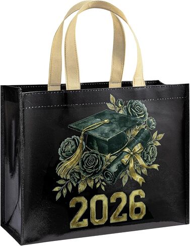 Loveinside 13" Large Graduation Reusable Gift Bag, Black & Gold Floral Cap and Diploma Class of 2026" Design, Recycled Gift Bag with Handles for Graduate, Daughter, Son, Friend, 13" x 5" x 10", 1 Pcs in Kuwait