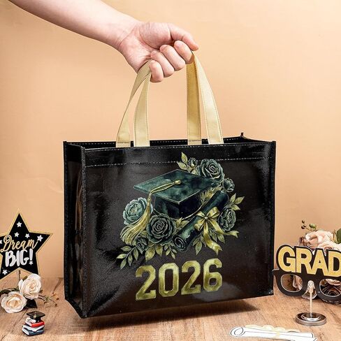 Loveinside 13" Large Graduation Reusable Gift Bag, Black & Gold Floral Cap and Diploma Class of 2026" Design, Recycled Gift Bag with Handles for Graduate, Daughter, Son, Friend, 13" x 5" x 10", 1 Pcs in Kuwait