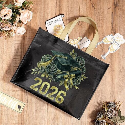 Loveinside 13" Large Graduation Reusable Gift Bag, Black & Gold Floral Cap and Diploma Class of 2026" Design, Recycled Gift Bag with Handles for Graduate, Daughter, Son, Friend, 13" x 5" x 10", 1 Pcs in Kuwait