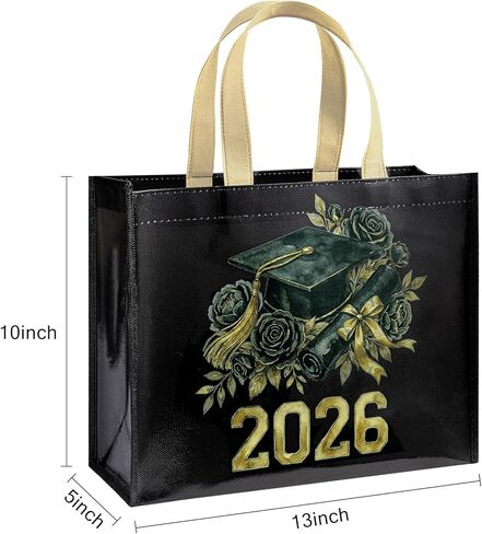 Loveinside 13" Large Graduation Reusable Gift Bag, Black & Gold Floral Cap and Diploma Class of 2026" Design, Recycled Gift Bag with Handles for Graduate, Daughter, Son, Friend, 13" x 5" x 10", 1 Pcs in Kuwait