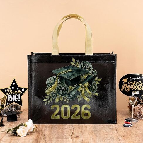 Loveinside 13" Large Graduation Reusable Gift Bag, Black & Gold Floral Cap and Diploma Class of 2026" Design, Recycled Gift Bag with Handles for Graduate, Daughter, Son, Friend, 13" x 5" x 10", 1 Pcs in Kuwait