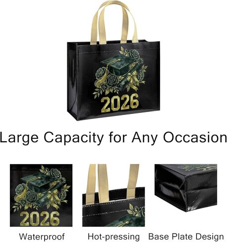 Loveinside 13" Large Graduation Reusable Gift Bag, Black & Gold Floral Cap and Diploma Class of 2026" Design, Recycled Gift Bag with Handles for Graduate, Daughter, Son, Friend, 13" x 5" x 10", 1 Pcs in Kuwait