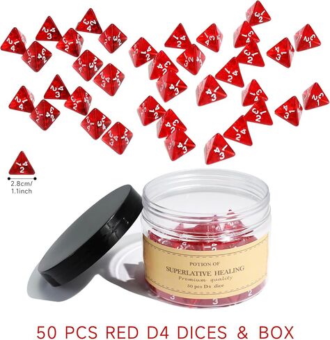 50Pcs Transparent Red D4 Dice Set for Board Table RPG Gaming, Roleplaying Red Gem D4 Polyhedral Dice Set Compatible with Dungeons and Dragons D&D RPG MTG Dice Table Games in Saudi Arabia