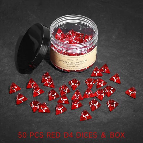 50Pcs Transparent Red D4 Dice Set for Board Table RPG Gaming, Roleplaying Red Gem D4 Polyhedral Dice Set Compatible with Dungeons and Dragons D&D RPG MTG Dice Table Games in Saudi Arabia