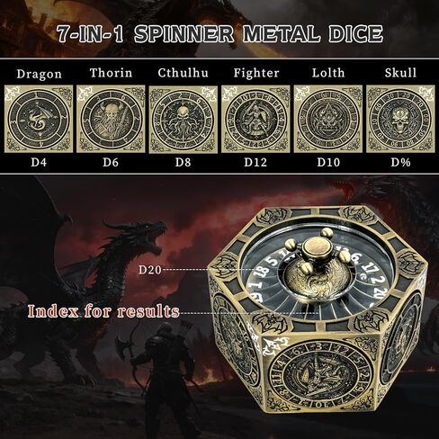 DND Hexagonal Spinner Dice Fidget, 7 in 1 Unique Metal D&D Dice Set with 3D Relief Design, Dungeons and Dragons Edged Polyhedral Dice for RPG and Tabletop Games (Bronze) in Saudi Arabia