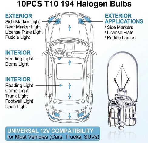 194 Bulb,168Bulb,T10 Light Bulb W5W 1/4 Wedge Base 12V 5W Side Marker Light Bulb Compatible for T10 194 2825 License Plate 168 W5W Car Lights. (10, White) in Saudi Arabia
