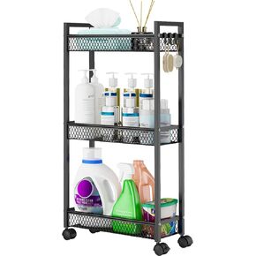 YASONIC Slim Rolling Storage Cart, Metal 3 Tier Bathroom Storage Organizer Laundry Room Utility Cart for Kitchen, Bthroom, Makeup, Craft, Laundry Narrow Places, Black in Saudi Arabia