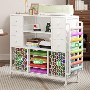 VENNQD Craft Organizer Rolling Cart Compatible with Cricut Machine Cricut Table with Charging Station 56 Vinyl Roll Holders with 6 Fabric Drawers for Accessories Organization, White in Saudi Arabia