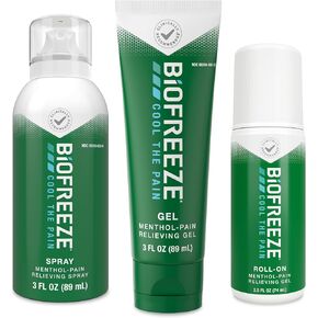 Biofreeze Pain Relief Roll-On 2.5 FL OZ, Gel 3 FL OZ, And Spray 3 FL OZ Variety Pack Topical Pain Reliever For Muscles And Joints From Arthritis, Backache, Strains, Bruises, Sprains (Package May Vary) in Saudi Arabia