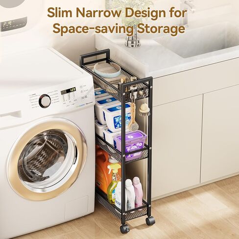 YASONIC Slim Rolling Storage Cart, Metal 3 Tier Bathroom Storage Organizer Laundry Room Utility Cart for Kitchen, Bthroom, Makeup, Craft, Laundry Narrow Places, Black in Saudi Arabia