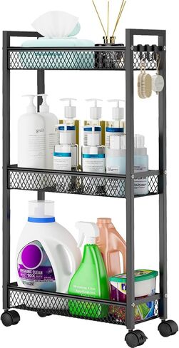 YASONIC Slim Rolling Storage Cart, Metal 3 Tier Bathroom Storage Organizer Laundry Room Utility Cart for Kitchen, Bthroom, Makeup, Craft, Laundry Narrow Places, Black in Saudi Arabia