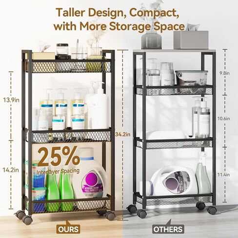 YASONIC Slim Rolling Storage Cart, Metal 3 Tier Bathroom Storage Organizer Laundry Room Utility Cart for Kitchen, Bthroom, Makeup, Craft, Laundry Narrow Places, Black in Saudi Arabia