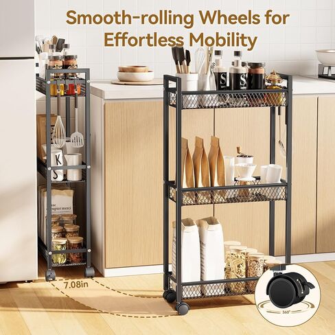 YASONIC Slim Rolling Storage Cart, Metal 3 Tier Bathroom Storage Organizer Laundry Room Utility Cart for Kitchen, Bthroom, Makeup, Craft, Laundry Narrow Places, Black in Saudi Arabia
