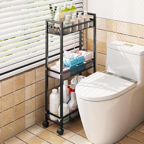 YASONIC Slim Rolling Storage Cart, Metal 3 Tier Bathroom Storage Organizer Laundry Room Utility Cart for Kitchen, Bthroom, Makeup, Craft, Laundry Narrow Places, Black in Saudi Arabia