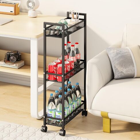 YASONIC Slim Rolling Storage Cart, Metal 3 Tier Bathroom Storage Organizer Laundry Room Utility Cart for Kitchen, Bthroom, Makeup, Craft, Laundry Narrow Places, Black in Saudi Arabia