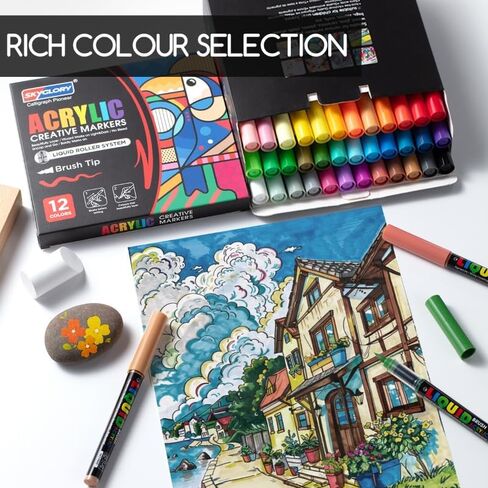12 Colours Liquid Roller Acrylic Markers | Multi-Surface High Coverage Pens | Smooth Ink Flow | Colour-Coded Caps | Beginner Friendly Art Set in Saudi Arabia