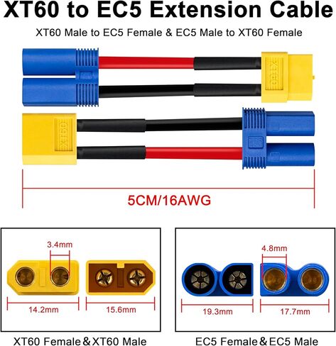 XT60 to EC5 Adapter, 2PCS Male to Female & 2PCS EC5 Male to XT60 Female Connector, 2Inch 14AWG High Temp Silicone Wire for FPV Drone, RC Car, Lipo Battery Charger ESC in Kuwait