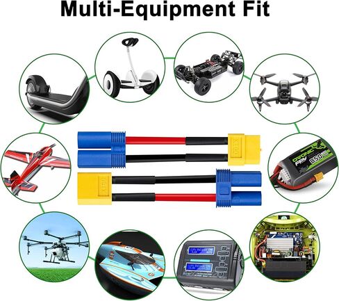 XT60 to EC5 Adapter, 2PCS Male to Female & 2PCS EC5 Male to XT60 Female Connector, 2Inch 14AWG High Temp Silicone Wire for FPV Drone, RC Car, Lipo Battery Charger ESC in Kuwait