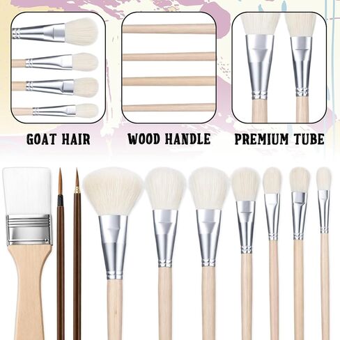 10Pcs Mop Brush for Acrylic Painting Assorted Size Acrylic Blending Brush Goat Hair Blending Mop Brushes with Wooden Handle Artist Brushes for Watercolor Oil Painting Face Body Art in Kuwait