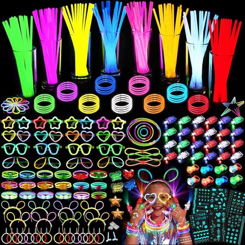 394 Pcs Glow in the Dark Party Supplies for 16 Kids Adults, Light Up Party Favors, 150 Ultra Bright Glow Sticks Bulk Party Pack with Set of 16 Glow Glasses,Earring, Headband,Bracelets, Necklaces in Kuwait