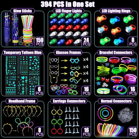 394 Pcs Glow in the Dark Party Supplies for 16 Kids Adults, Light Up Party Favors, 150 Ultra Bright Glow Sticks Bulk Party Pack with Set of 16 Glow Glasses,Earring, Headband,Bracelets, Necklaces in Kuwait
